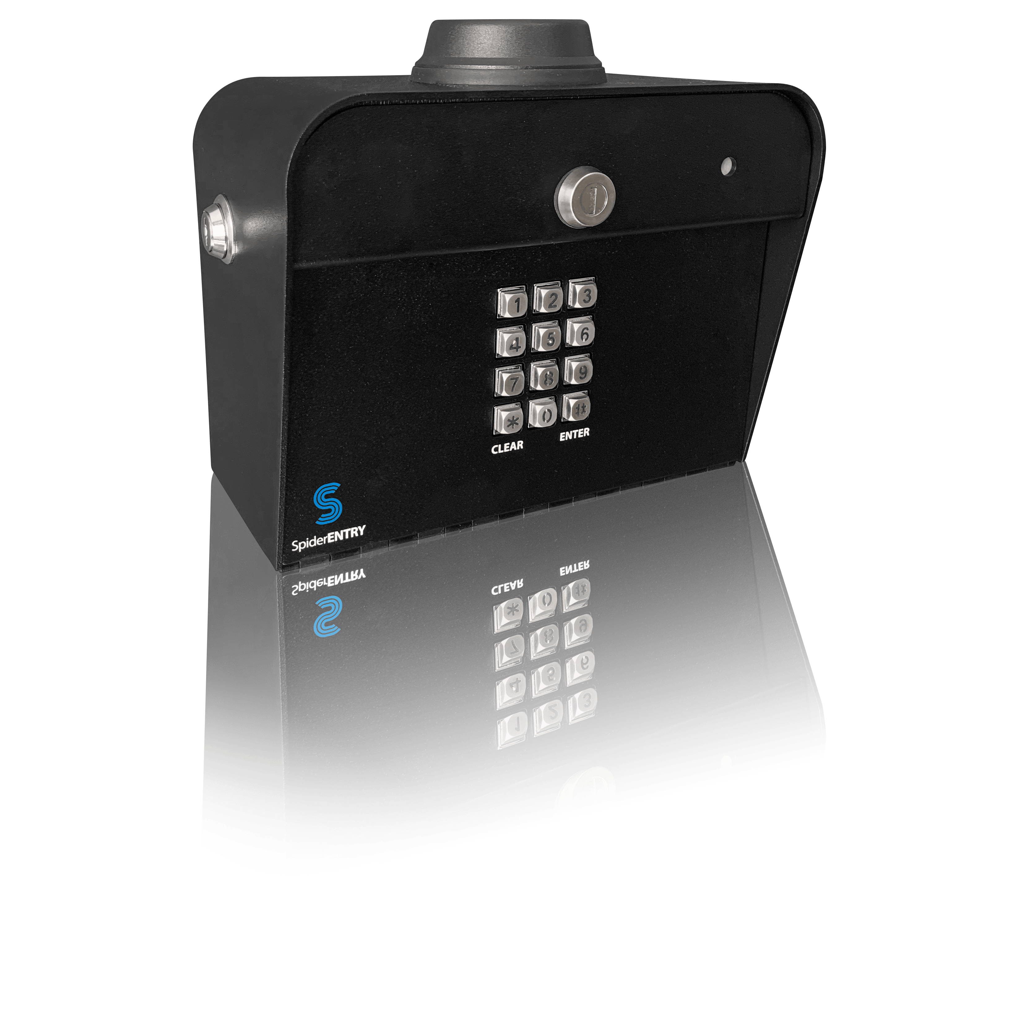 SpiderDoor S23C cellular gate keypad, a steel keypad in a black weatherproof housing, studio photograph on a plain background.